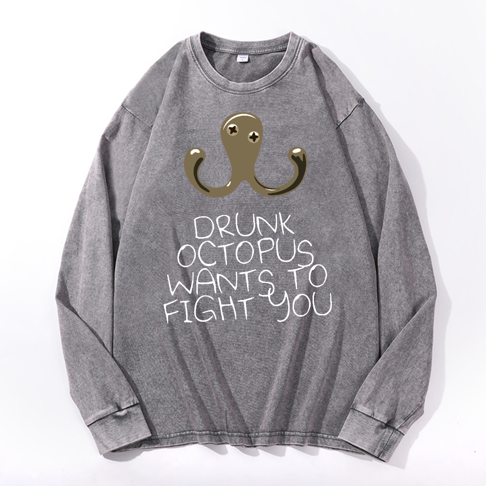 Drunken Octopus Vintage Cotton Wash Crewneck Long-Sleeve T-Shirt