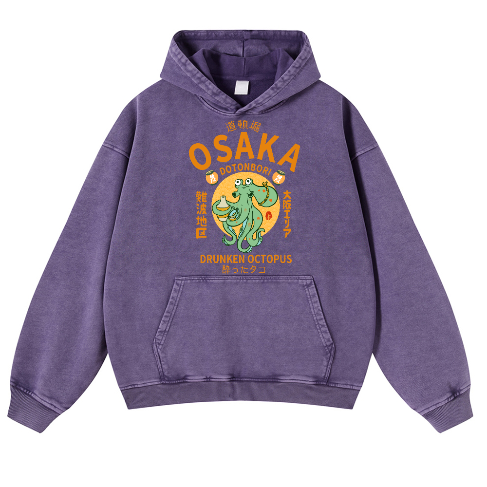Osaka Dotonbori Drunken Octopus Vintage Washed Thick Cotton Hoodie