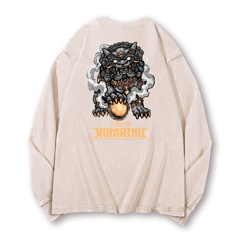 Komainu Vintage Washed Cotton Back Art Long-sleeve T-shirt