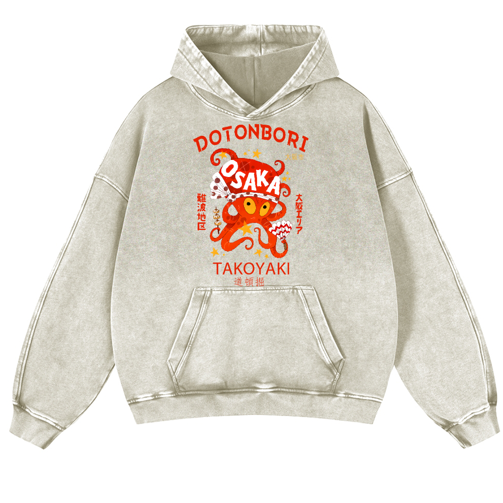 Osaka Dotonbori Takoyaki Octopus Vintage Washed Thick Cotton Hoodie