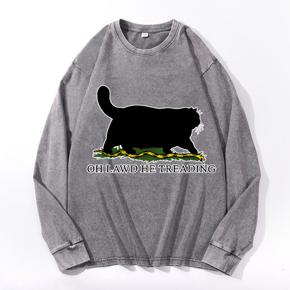 Black Cat Vintage Cotton Wash Crewneck Long-Sleeve T-Shirt