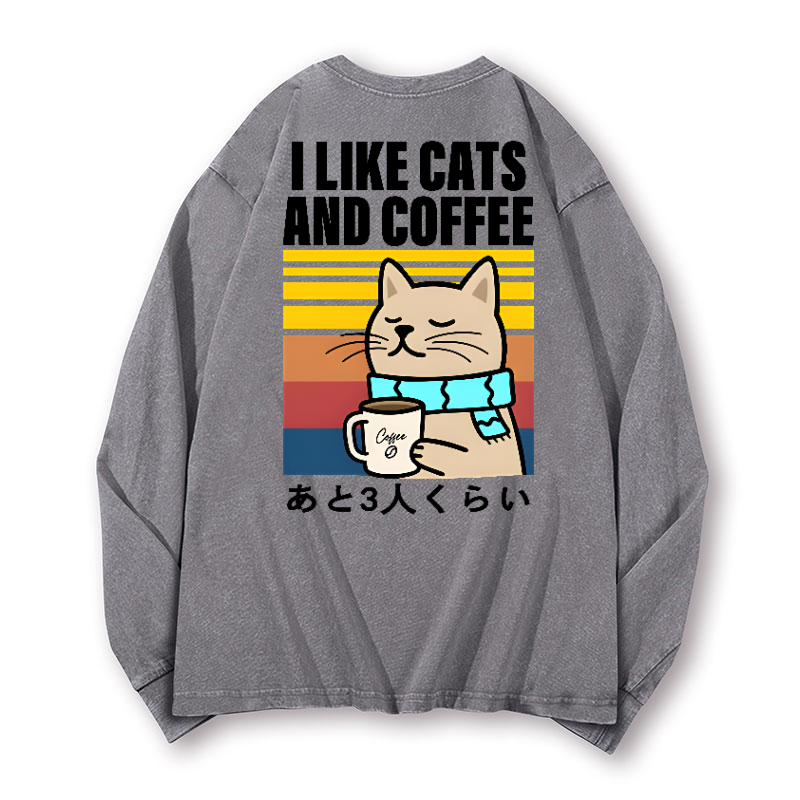 Cat Coffee Vintage Washed Cotton Back Art Long-sleeve T-shirt