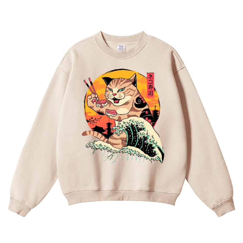 Cat Sushi Great Wave Vintage Cotton Blend Crewneck Sweatshirt