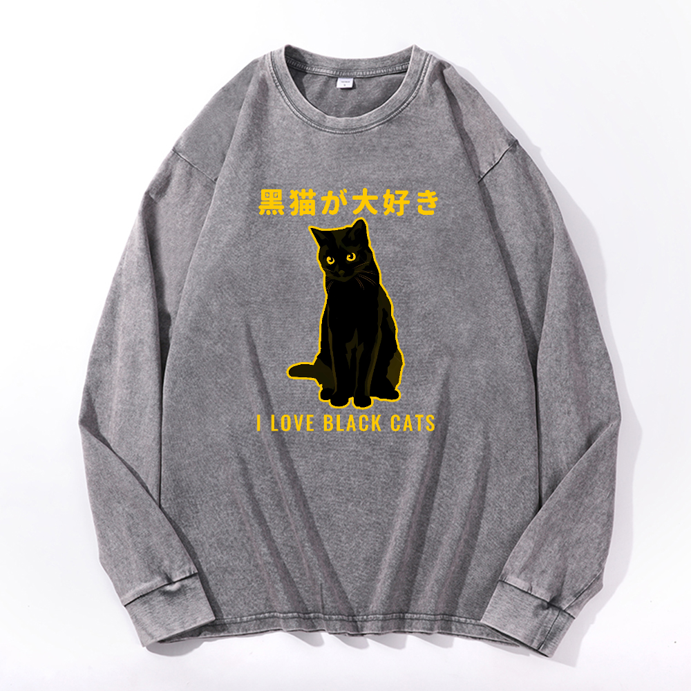 Black Cat Vintage Cotton Wash Crewneck Long-Sleeve T-Shirt