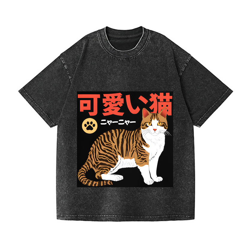 Cat Vintage Wash Japanese Design T-Shirt