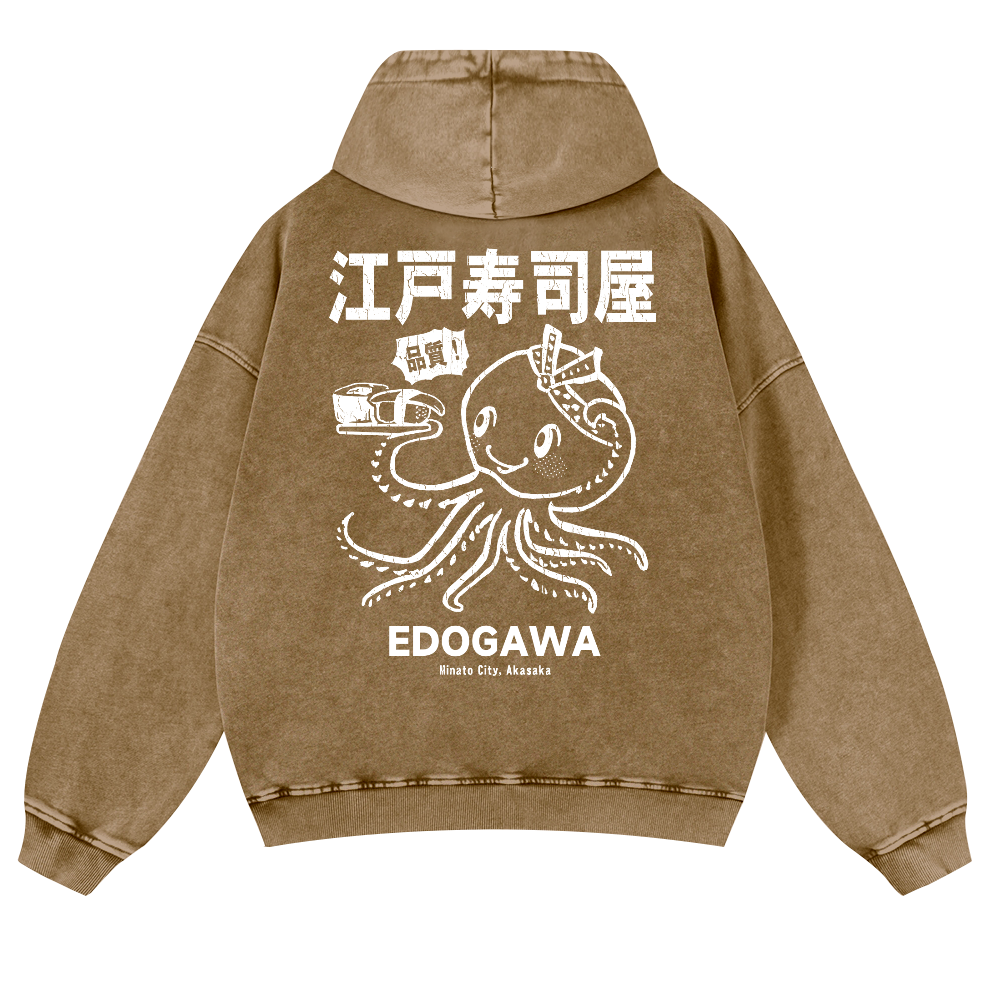 Edogawa  Octopus Vintage Washed Cotton Back Art Hoodie