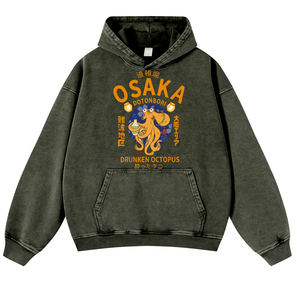 Osaka Dotonbori Drunken Octopus Vintage Washed Thick Cotton Hoodie
