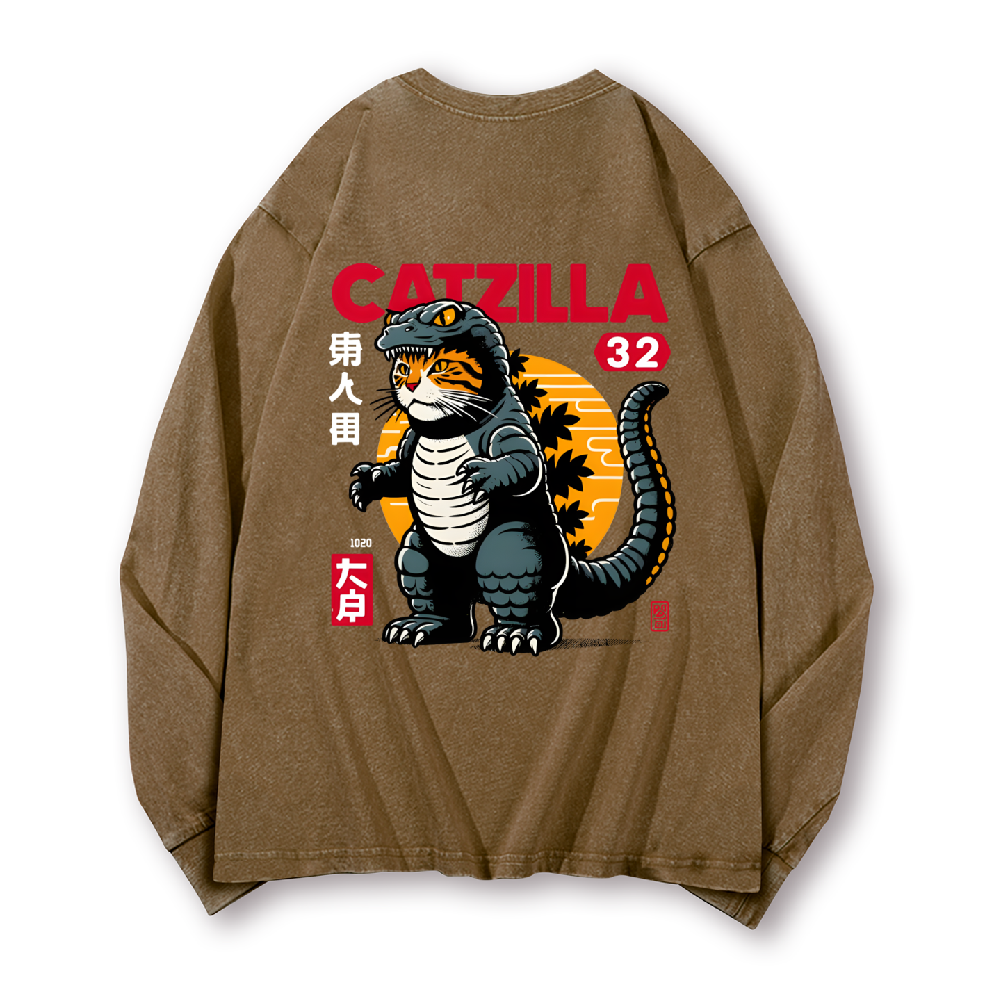 Cat Kaiju Catzilla Vintage Washed Cotton Back Art Long-sleeve T-shirt