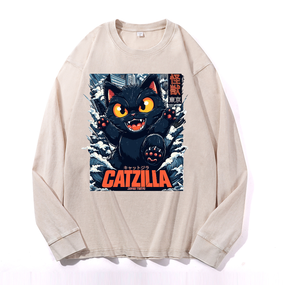 Catzilla Cat Kaiju Vintage Cotton Wash Crewneck Long-Sleeve T-Shirt