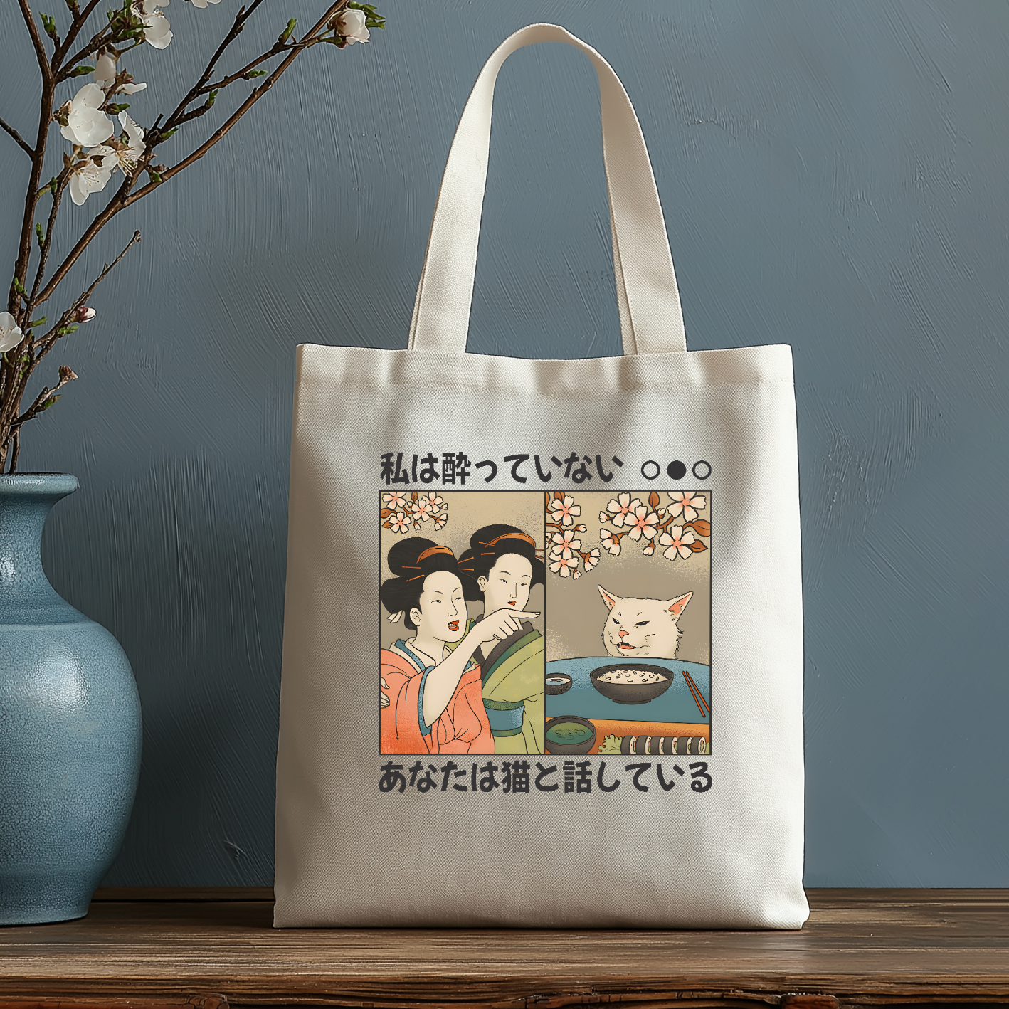 Woman Yelling at a Cat Japanese Style Canvas Tote Bag