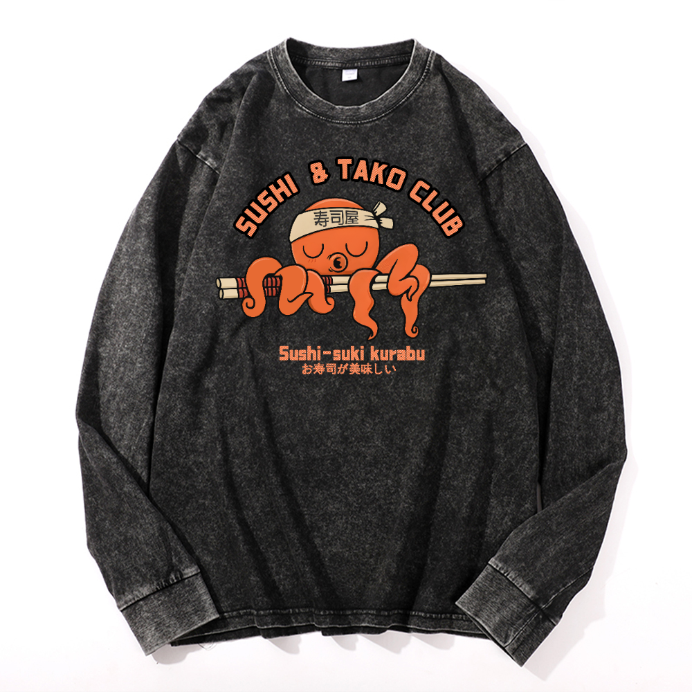 Sushi and Tako Octopus Vintage Cotton Wash Crewneck Long-Sleeve T-Shirt