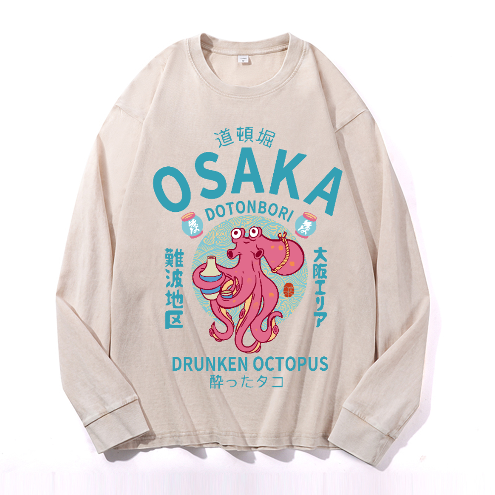 Osaka Dotonbori Drunken Octopus Vintage Cotton Wash Crewneck Long-Sleeve T-Shirt