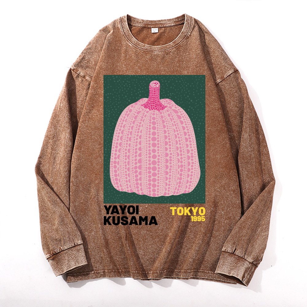 Yayoi Kusama Pumpkin Vintage Cotton Wash Crewneck Long-Sleeve T-Shirt