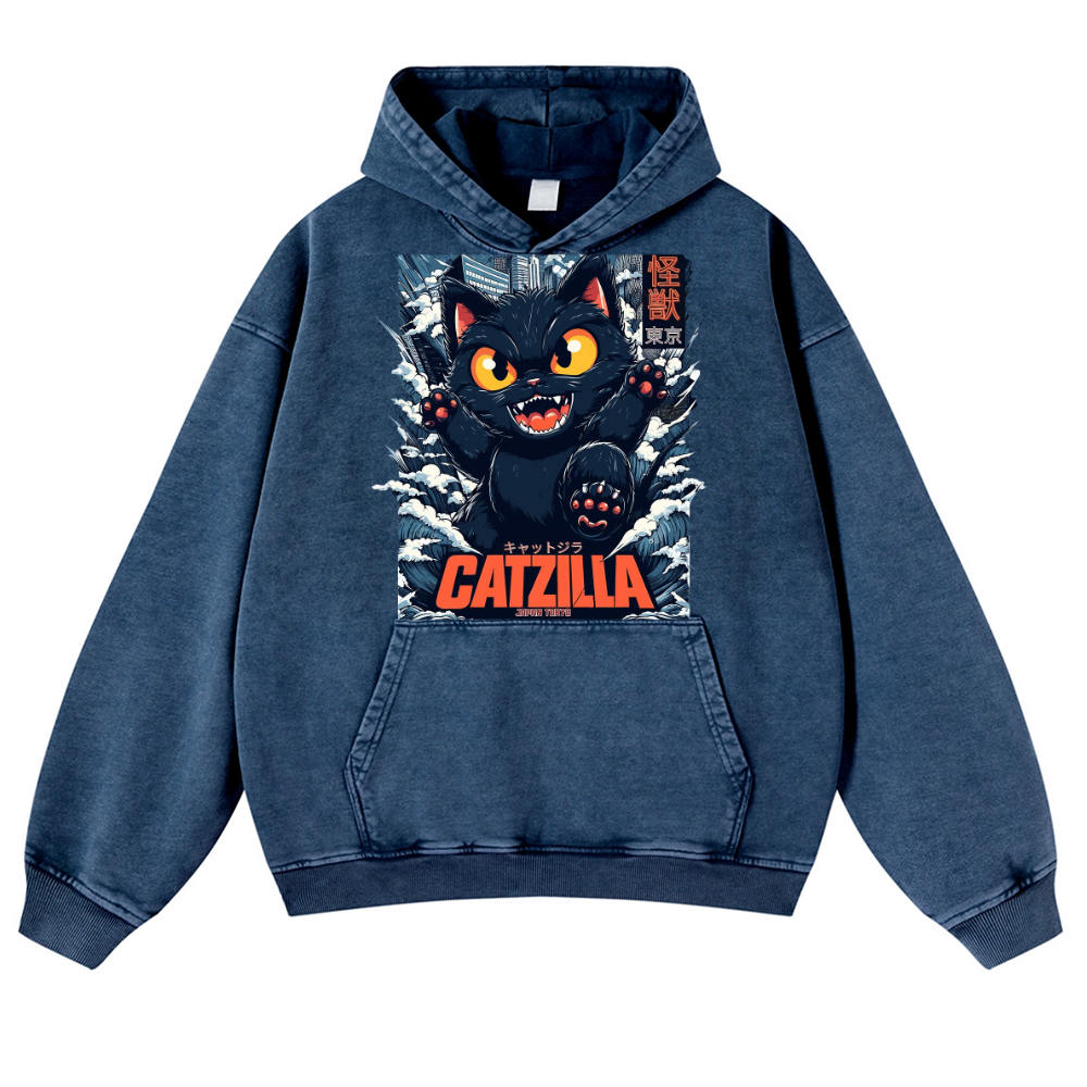 Catzilla Cat Kaiju Vintage Washed Thick Cotton Hoodie