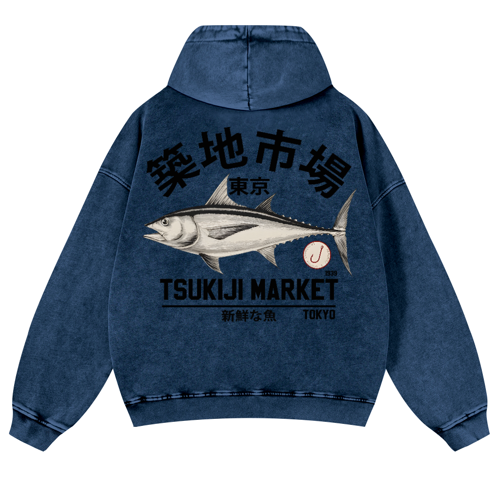 Tsukiji Fish Market Vintage Washed Cotton Back Art Hoodie