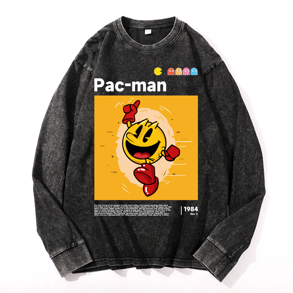 Pacman Vintage Cotton Wash Crewneck Long-Sleeve T-Shirt