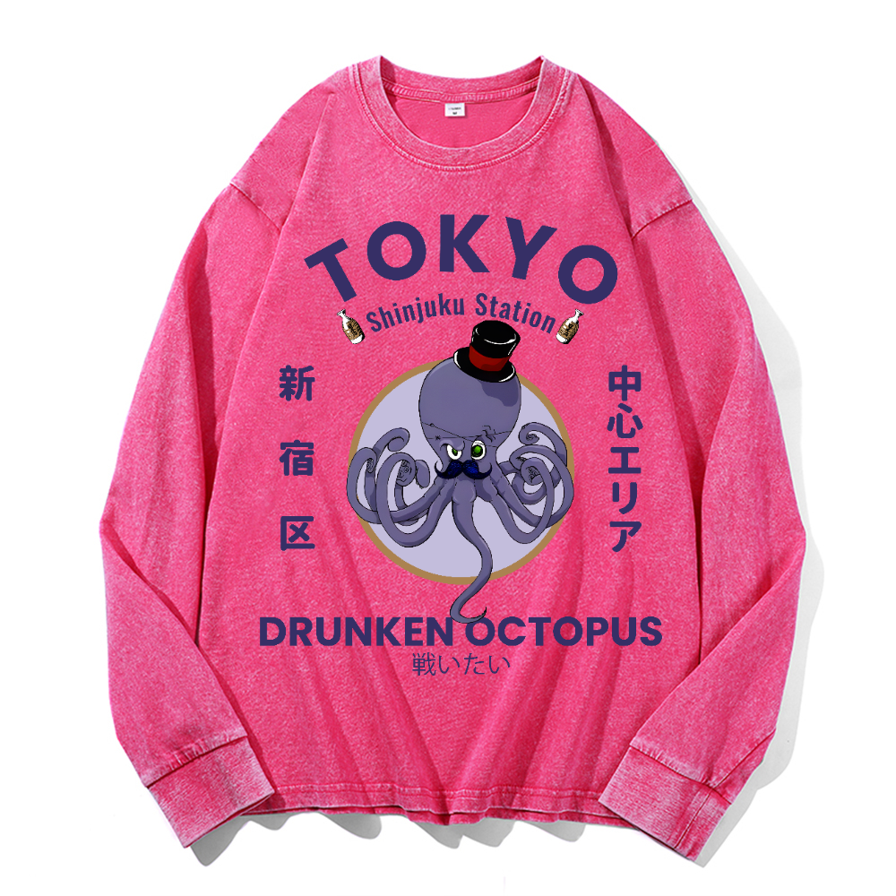 Tokyo Octopus Vintage Cotton Wash Crewneck Long-Sleeve T-Shirt