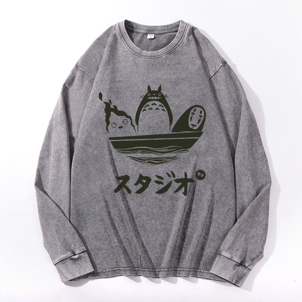 Howl's Moving Castle/My Neighbor Totoro/Spirited Away No Face Kaonashi Ghibli Anime Vintage Cotton Wash Crewneck Sweatshirt