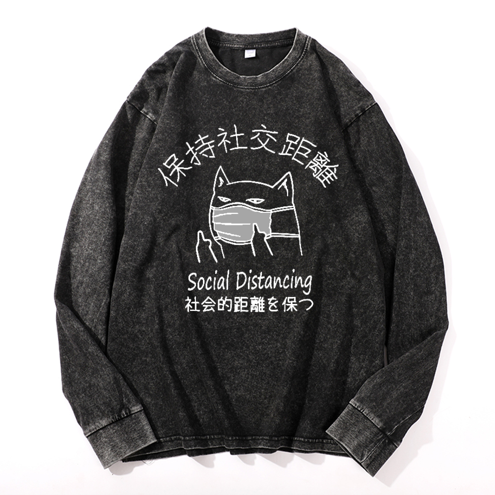 Social Distancing Vintage Cotton Wash Crewneck Long-Sleeve T-Shirt