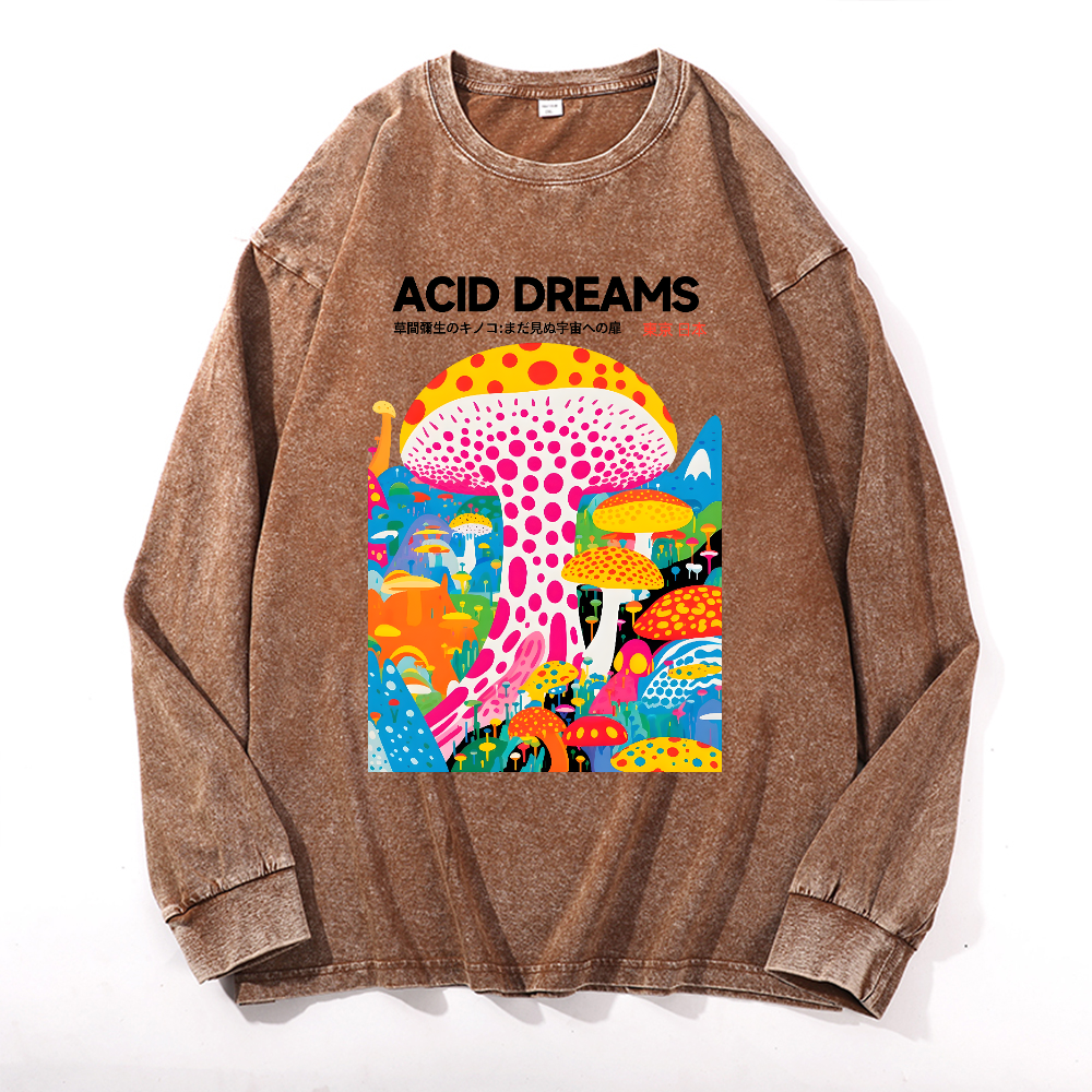Yayoi Kusama Mushroom Vintage Cotton Wash Crewneck Long-Sleeve T-Shirt