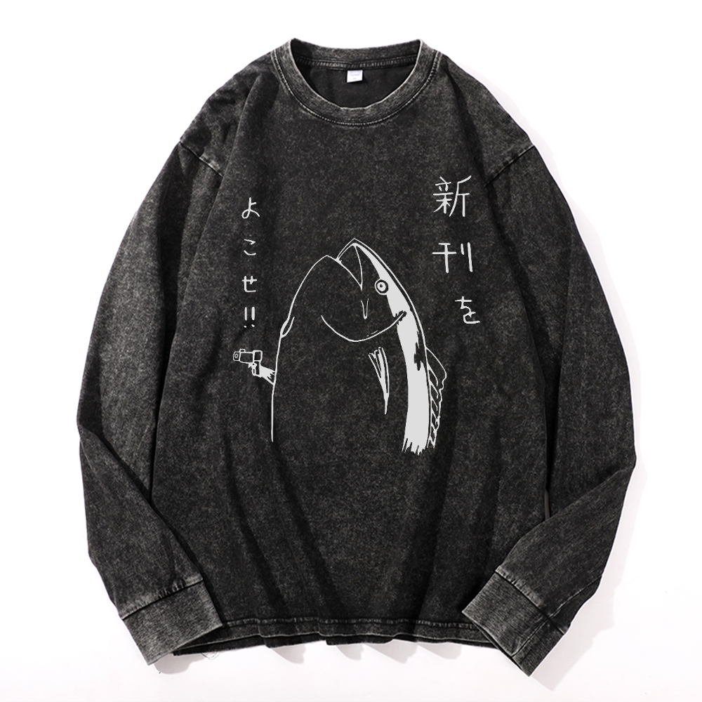 Fish Vintage Cotton Wash Crewneck Long-Sleeve T-Shirt