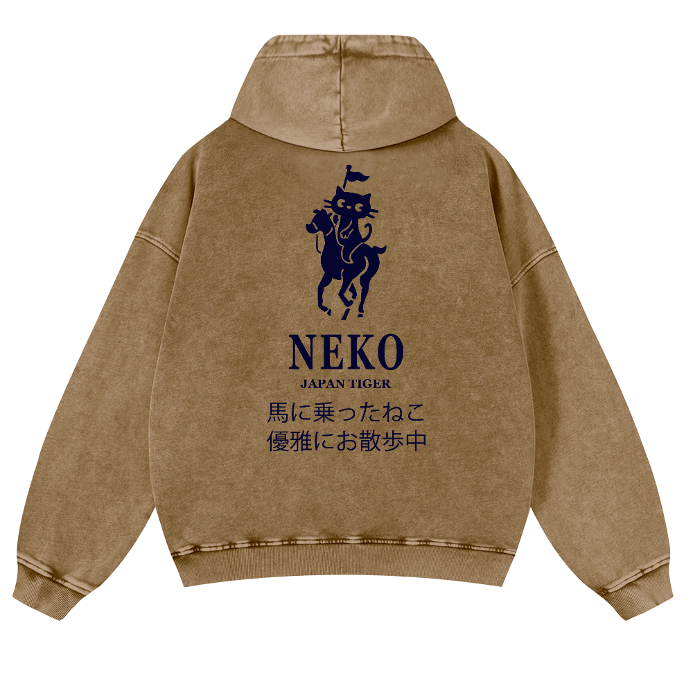 Neko Cat Vintage Washed Cotton Back Art Hoodie