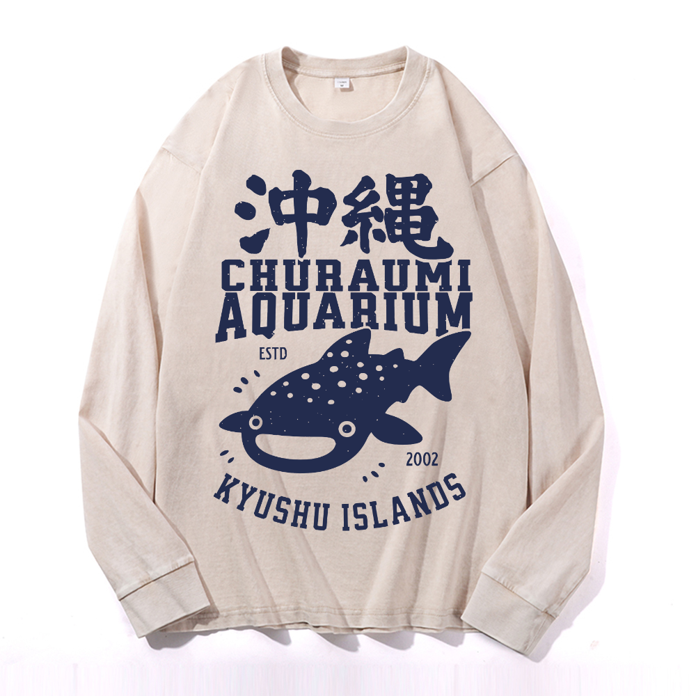Okinawa Churaumi Aquarium Kyushu Islands Vintage Cotton Wash Crewneck Long-Sleeve T-Shirt