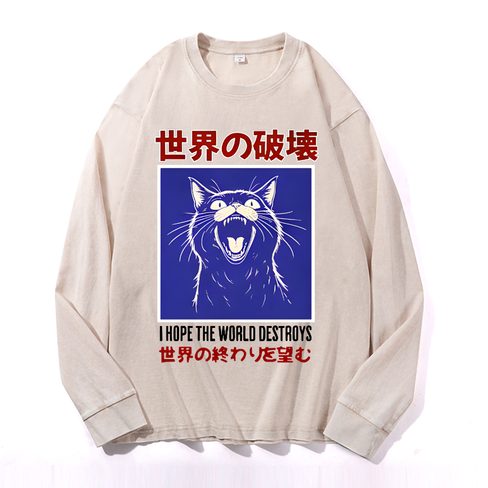 Cat Vintage Cotton Wash Crewneck Long-Sleeve T-Shirt