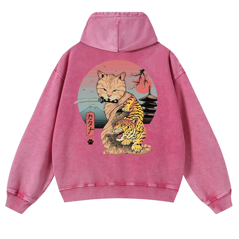Japanese Cat Tiger Vintage Washed Cotton Back Art Hoodie