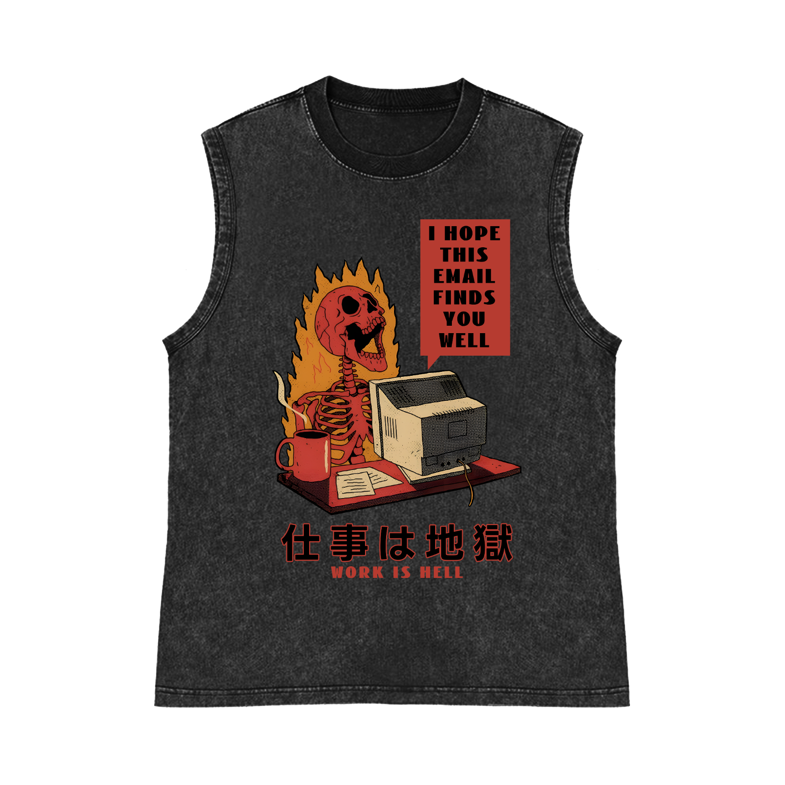 Skull Work Is Hell Pure Cotton Wash-Dyed Sleeveless Tank Top