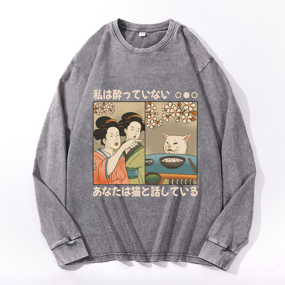 Woman Yelling Cat Vintage Cotton Wash Crewneck Long-Sleeve T-Shirt