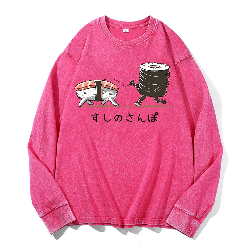 Sushi Vintage Cotton Wash Crewneck Long-Sleeve T-Shirt