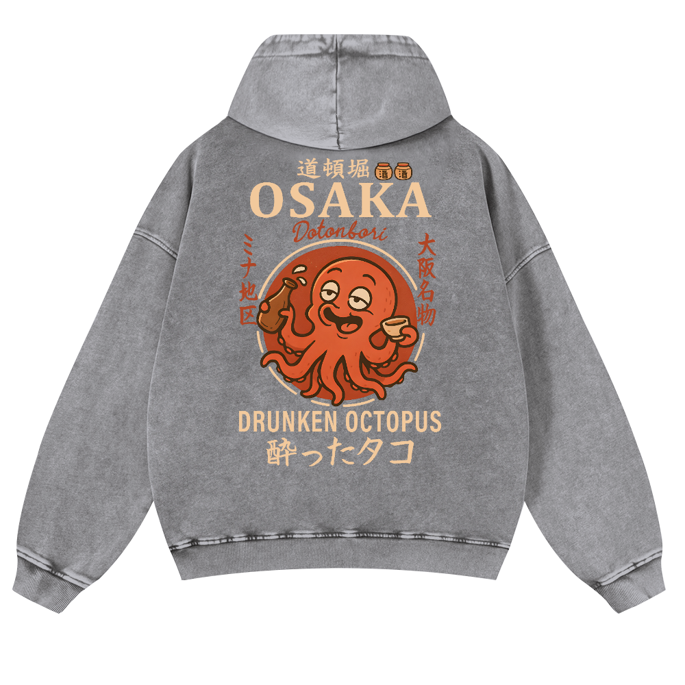 Osaka Dotonbori Drunken Octopus Vintage Washed Cotton Back Art Hoodie