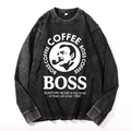 Coffee Boss Vintage Cotton Wash Crewneck Long-Sleeve T-Shirt
