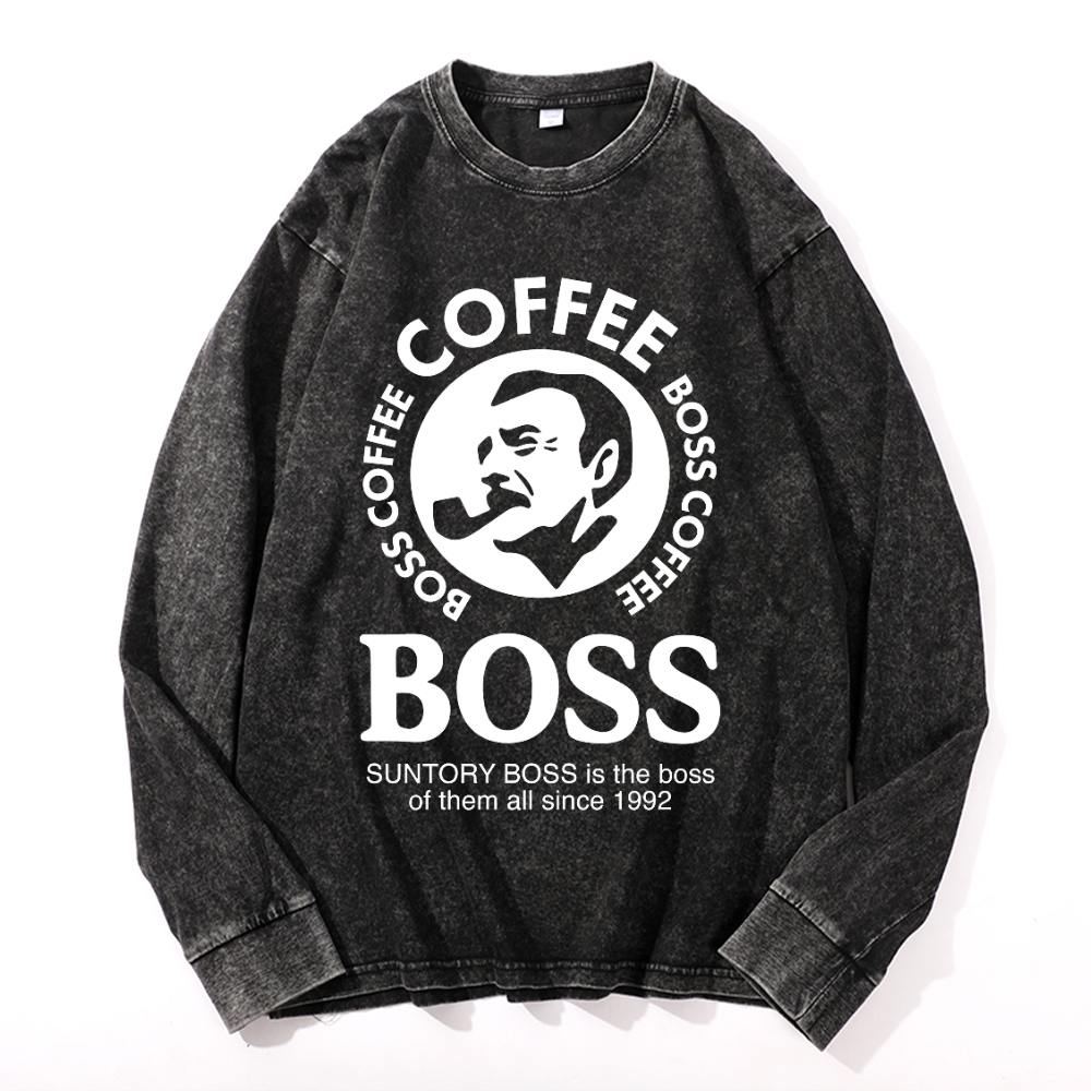 Coffee Boss Vintage Cotton Wash Crewneck Long-Sleeve T-Shirt