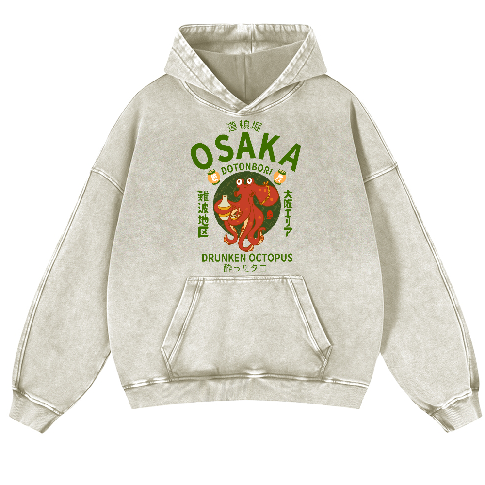 Osaka Dotonbori Drunken Octopus Vintage Washed Thick Cotton Hoodie
