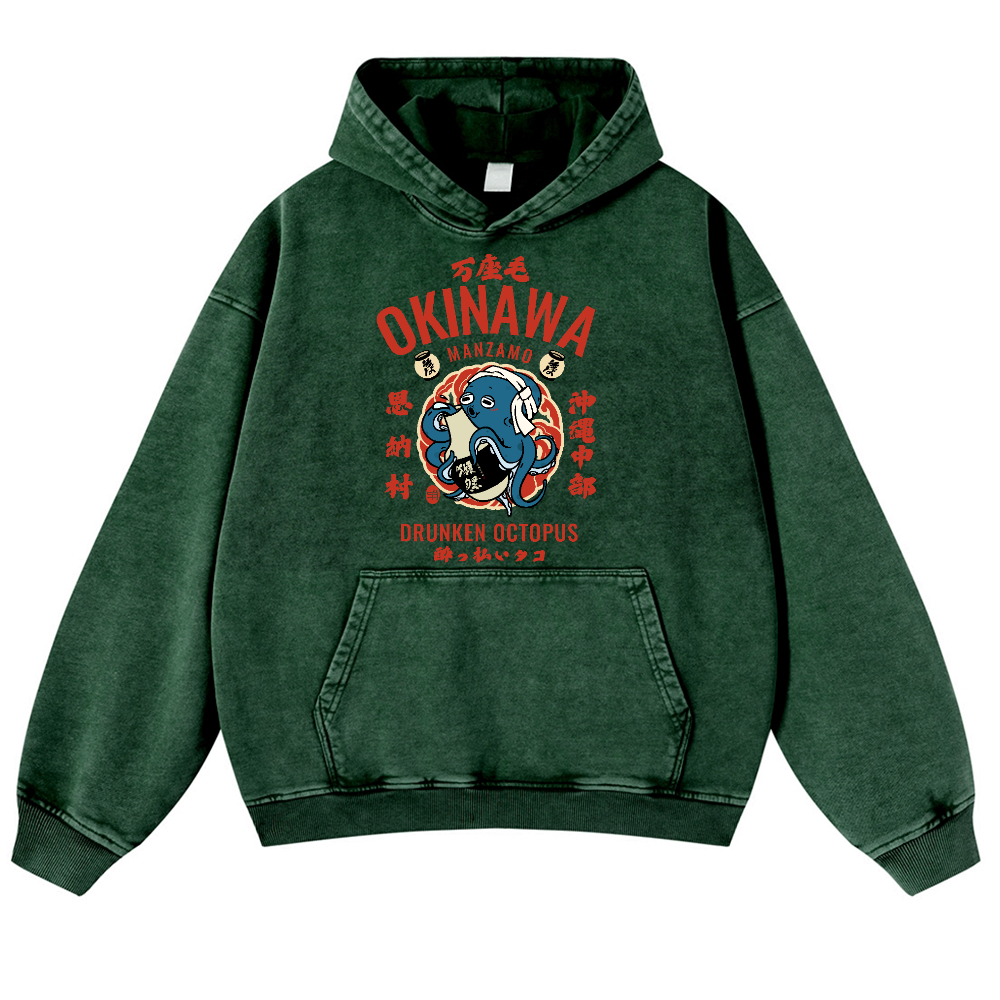 Okinawa Manzamo Drunken Octopus Vintage Washed Thick Cotton Hoodie