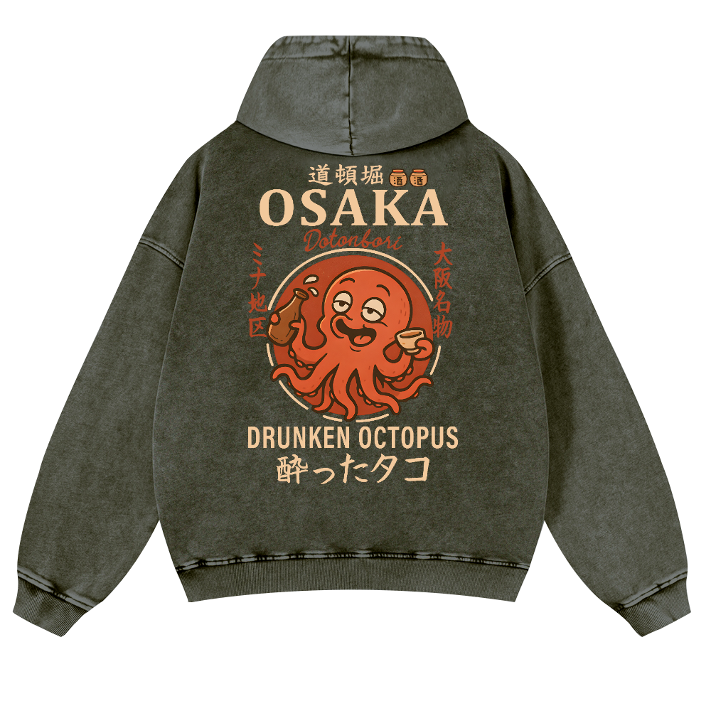 Osaka Dotonbori Drunken Octopus Vintage Washed Cotton Back Art Hoodie