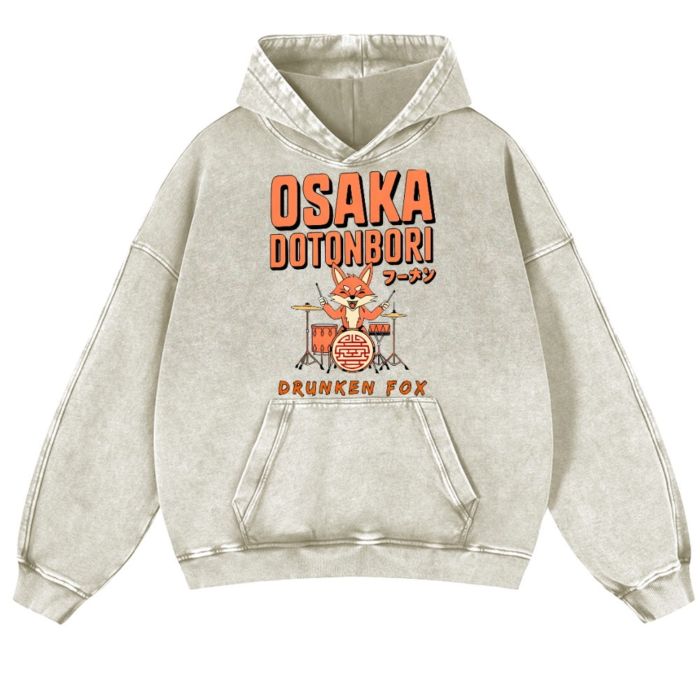 Osaka Dotonbori Drunken Fox Vintage Washed Thick Cotton Hoodie