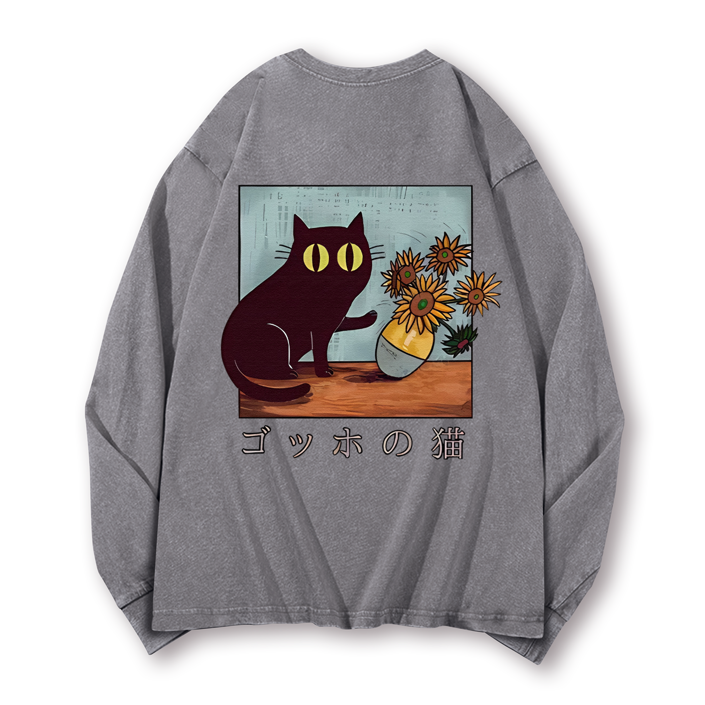 Cat Vintage Washed Cotton Back Art Long-sleeve T-shirt