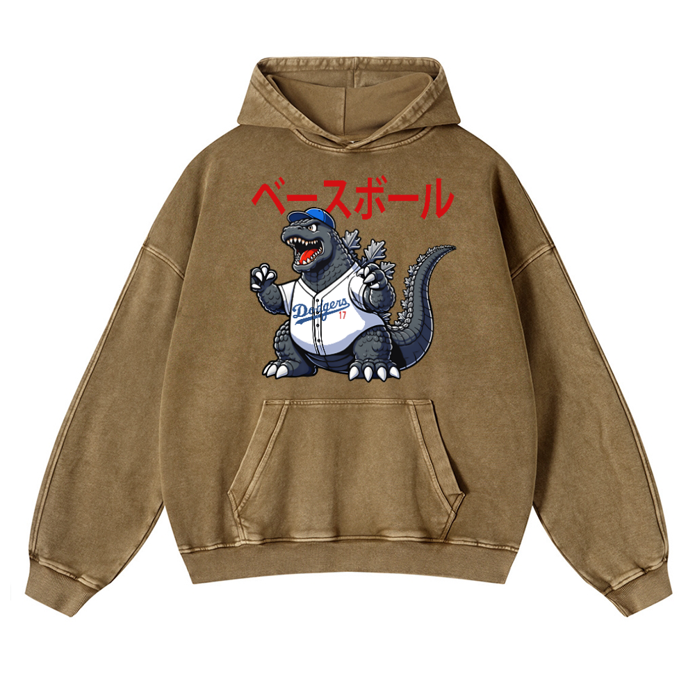 Dodgers Kaiju 17  Baseball Vintage Washed Thick Cotton Hoodie