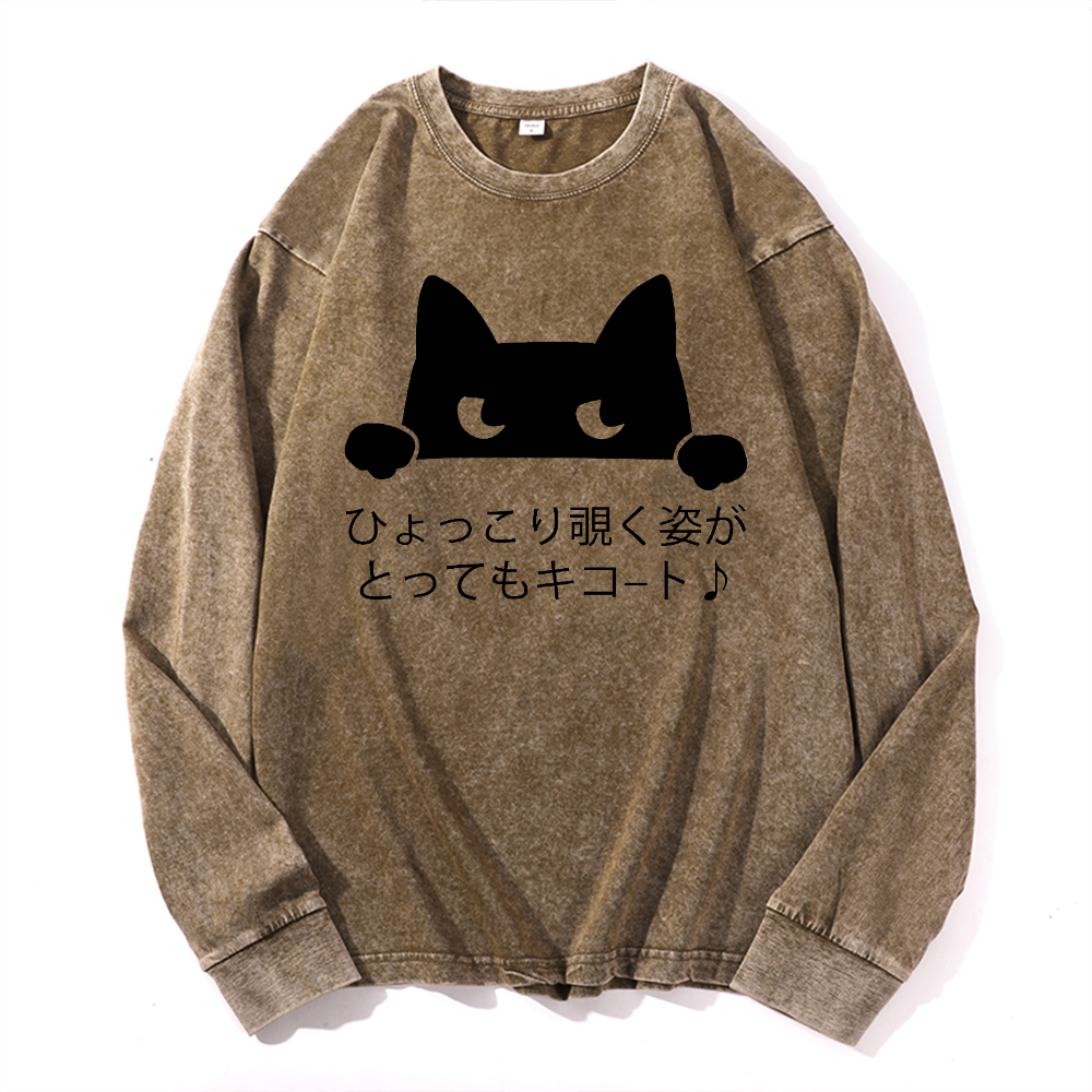 Cat Vintage Cotton Wash Long-sleeve T-shirt