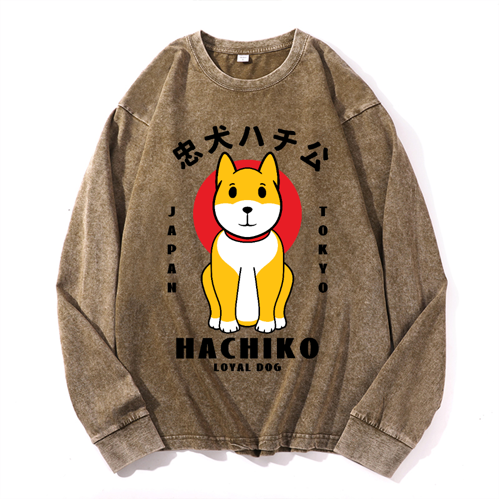 Hachiko Vintage Cotton Wash Crewneck Long-Sleeve T-Shirt
