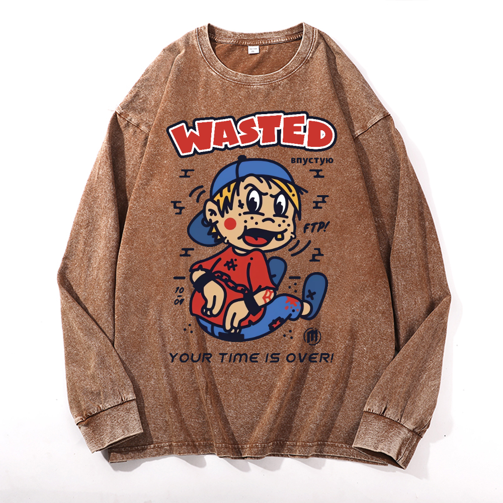 Wasted Vintage Cotton Wash Crewneck Long-Sleeve T-Shirt