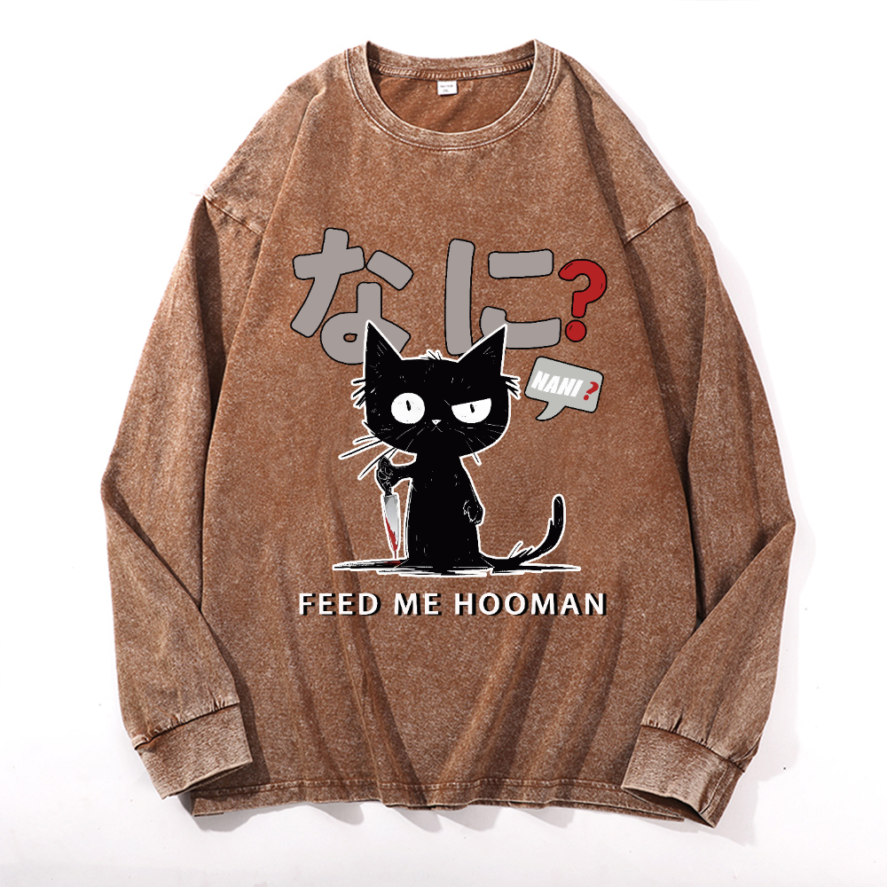 Cat Feed Me Vintage Cotton Wash Long-sleeve T-shirt