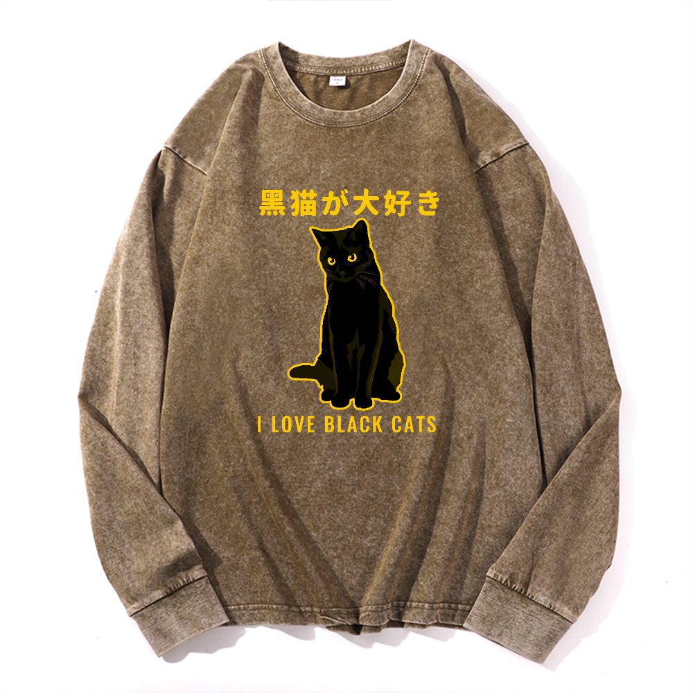 Black Cat Vintage Cotton Wash Crewneck Long-Sleeve T-Shirt