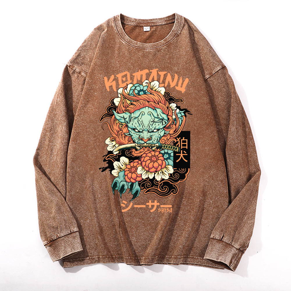 Komainu Vintage Cotton Wash Crewneck Long-Sleeve T-Shirt