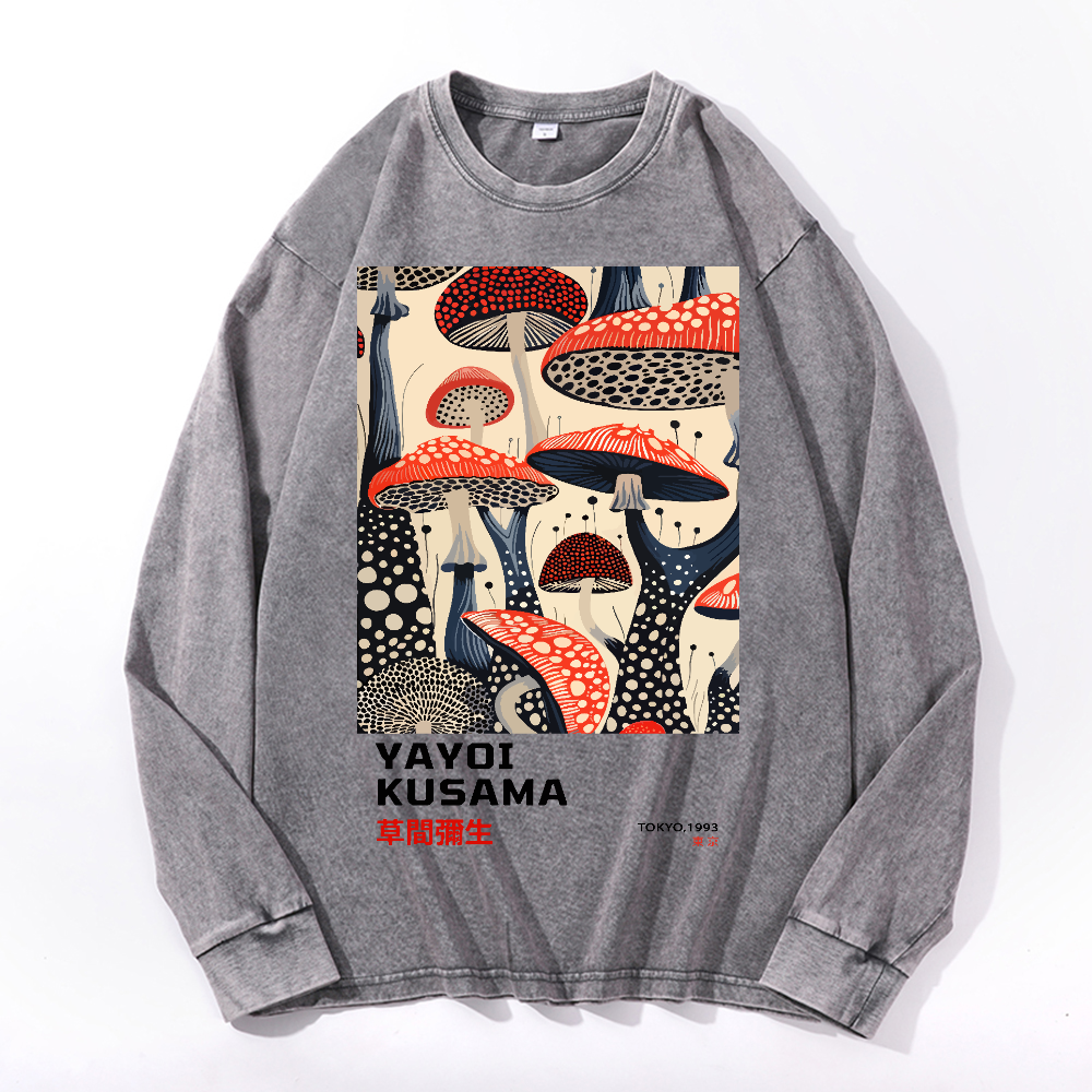 Yayoi Kusama Mushroom Vintage Cotton Wash Crewneck Long-Sleeve T-Shirt