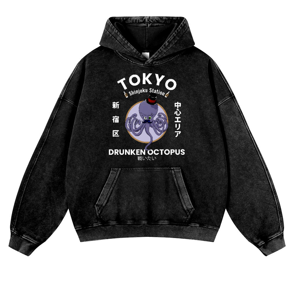 Tokyo Drunken Octopus Vintage Washed Thick Cotton Hoodie
