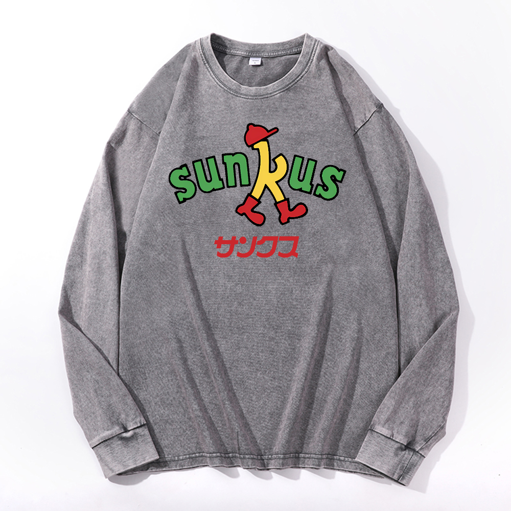 Sunkus Vintage Cotton Wash Crewneck Long-Sleeve T-Shirt